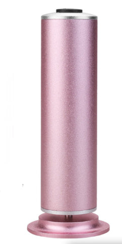 pink metallic rechargeable electric callus remover with round base on white background