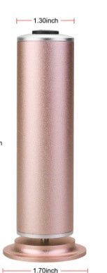 Rose gold cylindrical rechargeable electric callus remover with dimensions marked