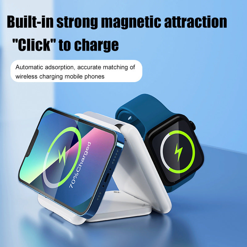White 3-in-1 wireless charging pad with magnetic fold design charging smartphone and smartwatch