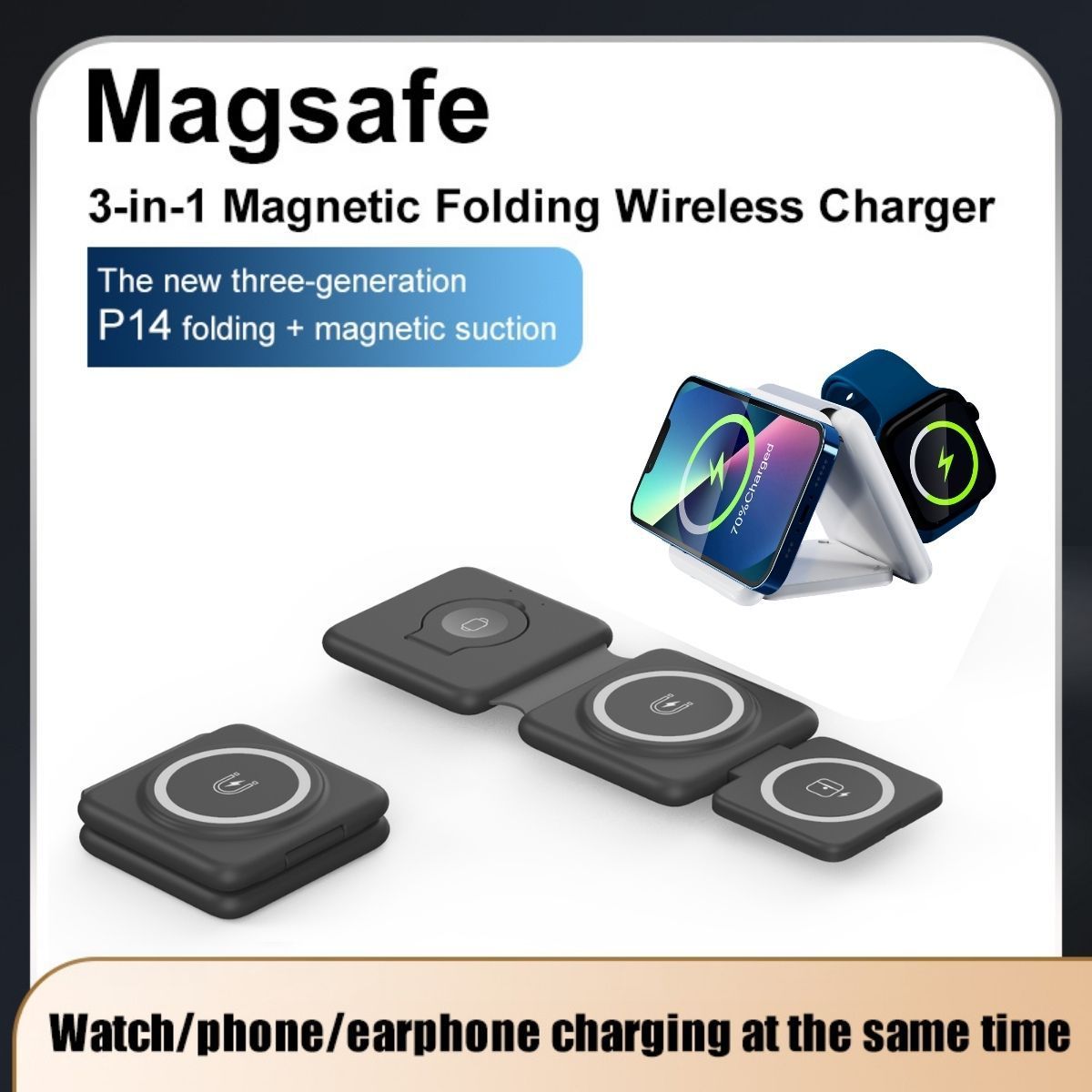 Black 3-in-1 magnetic folding wireless charger for phone, watch, and earphone charging