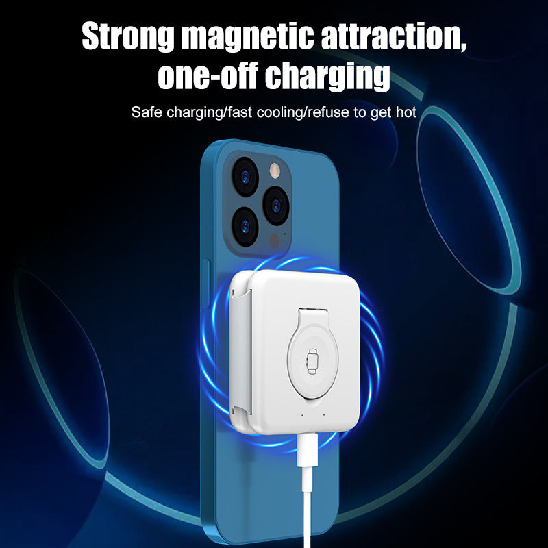 White folding magnetic wireless charger attached to blue smartphone with fast charging and cooling features