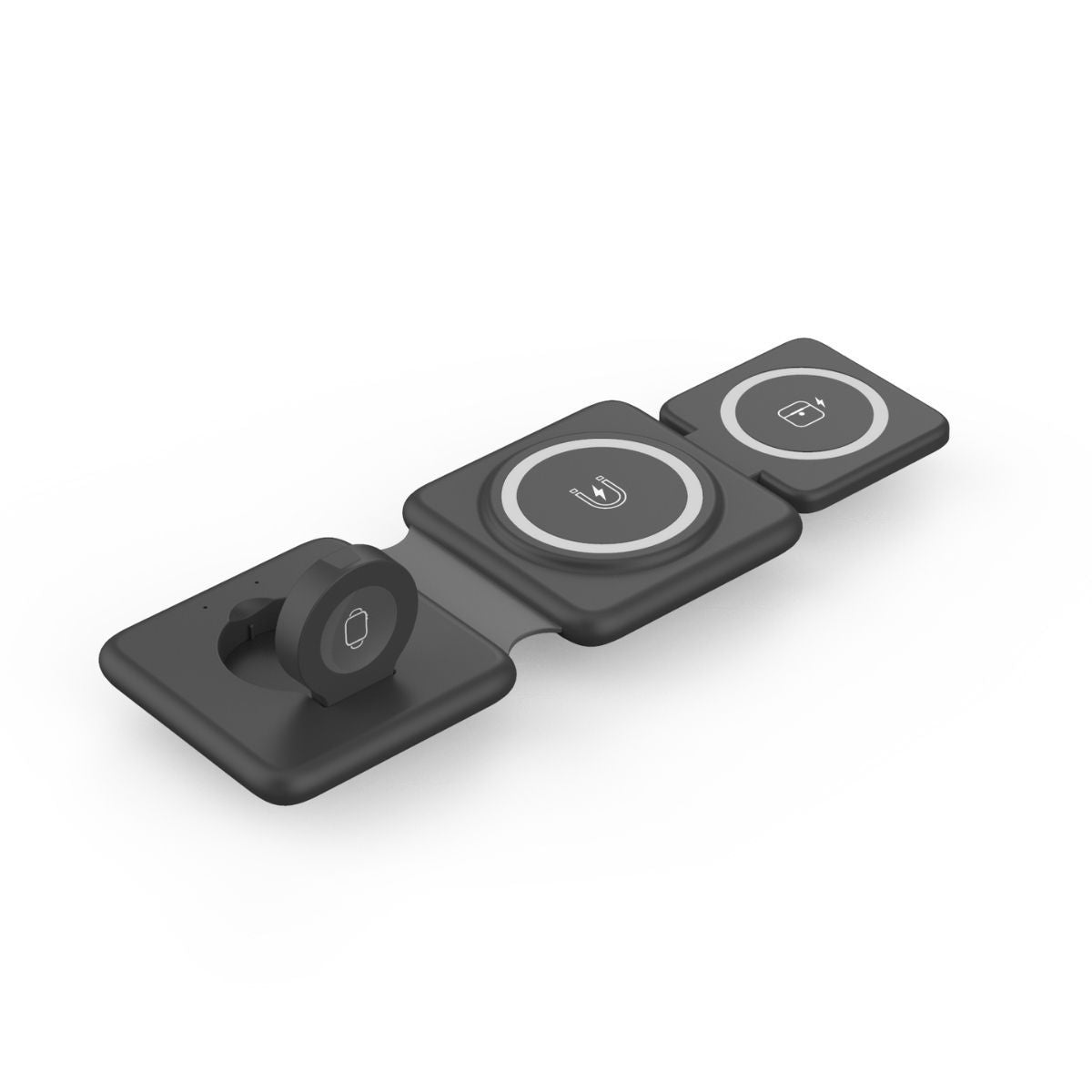 Black folding 3-in-1 magnetic wireless charger pad with fast Type-C charging