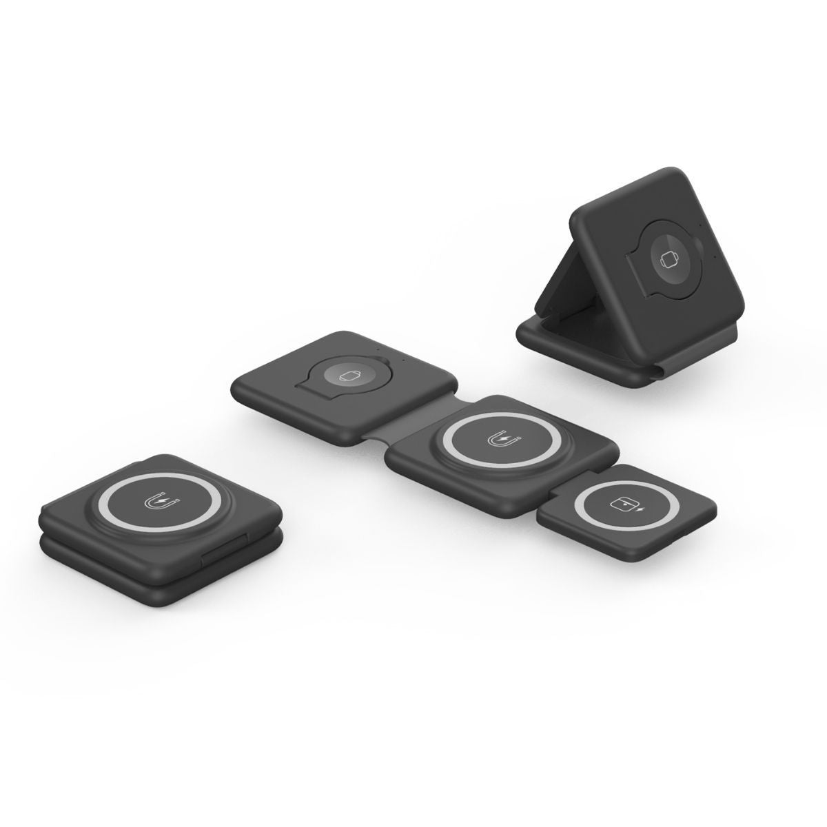 Black 3-in-1 folding magnetic wireless charging pad and stand with fast Type-C power