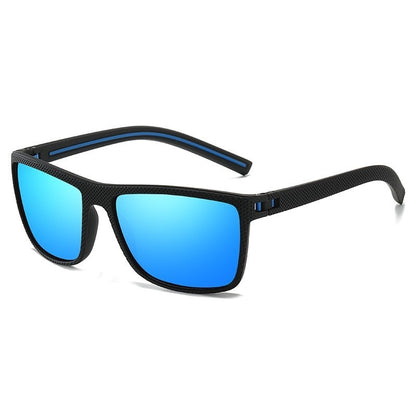 Black frame cycling sunglasses with blue polarized lenses and UV protection for men