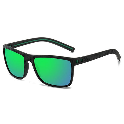 Black frame cycling sunglasses with green polarized lenses, textured arms, UV protection eyewear