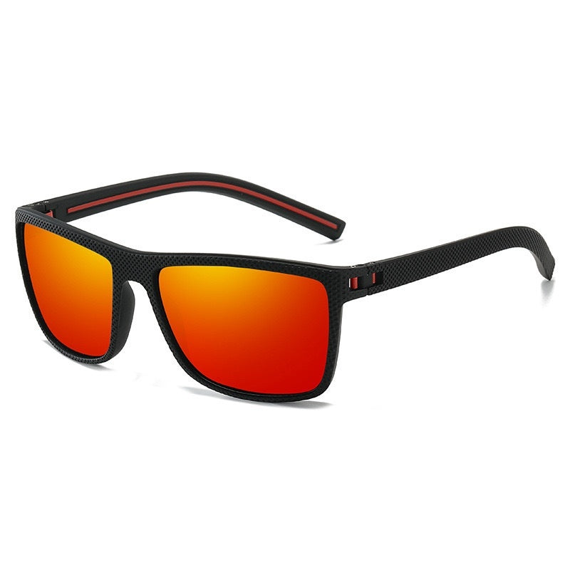 Black framed polarized cycling sunglasses with textured temples and orange mirrored lenses