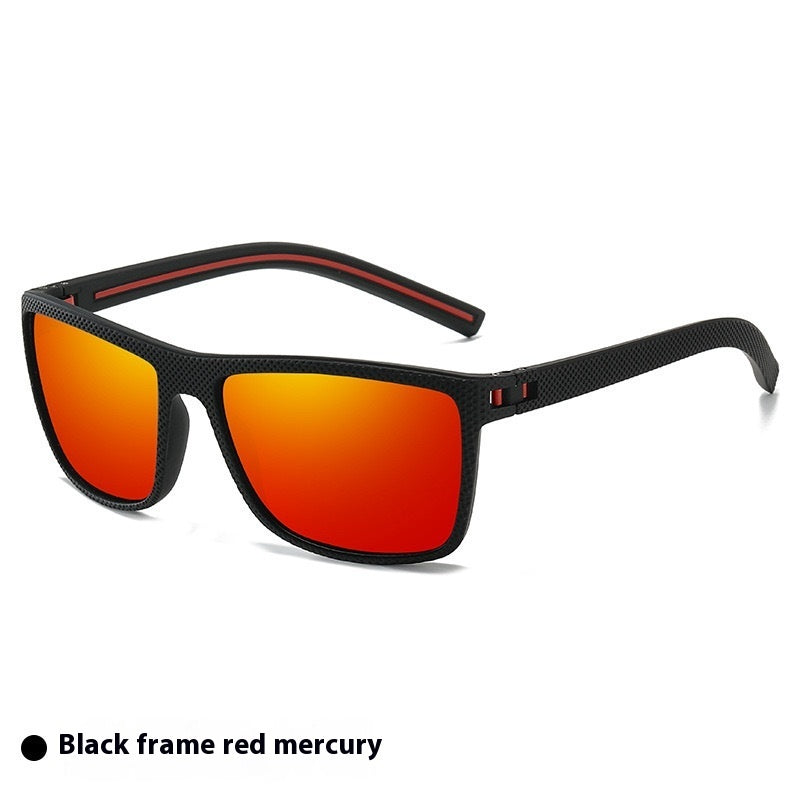 Black frame sunglasses with textured pattern and red mercury polarized lenses for outdoor sports
