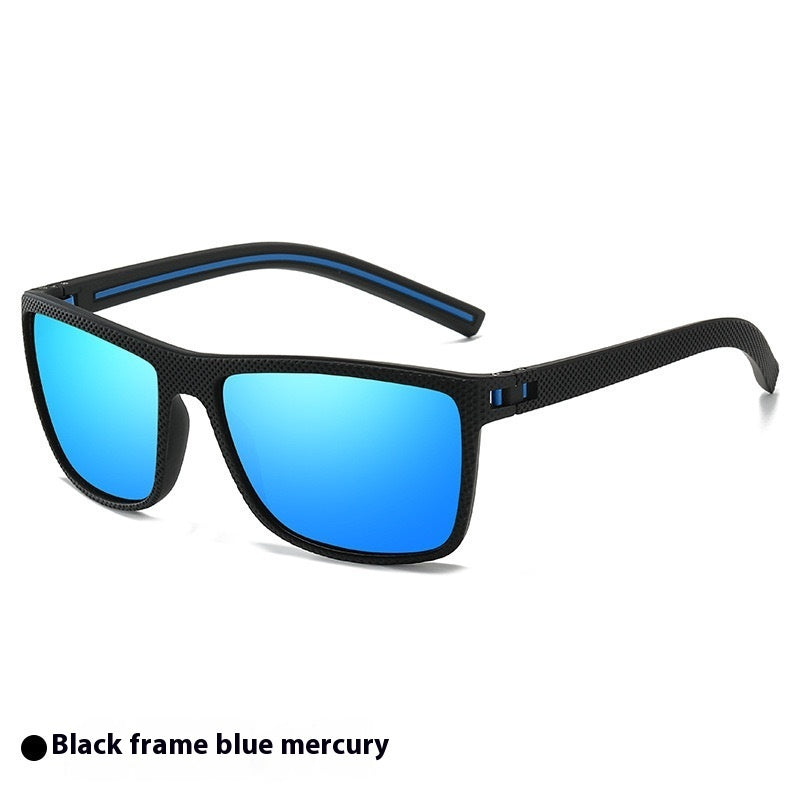 Black frame polarized cycling sunglasses with blue mirrored lenses and textured arms