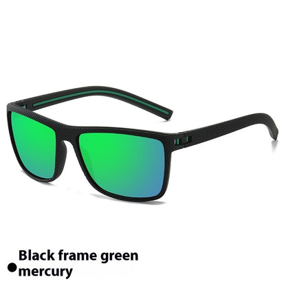 Black frame cycling sunglasses with green mercury polarized lenses and textured arms
