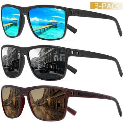 Three-pack black frame polarized cycling sunglasses with reflective blue, black, and brown lenses