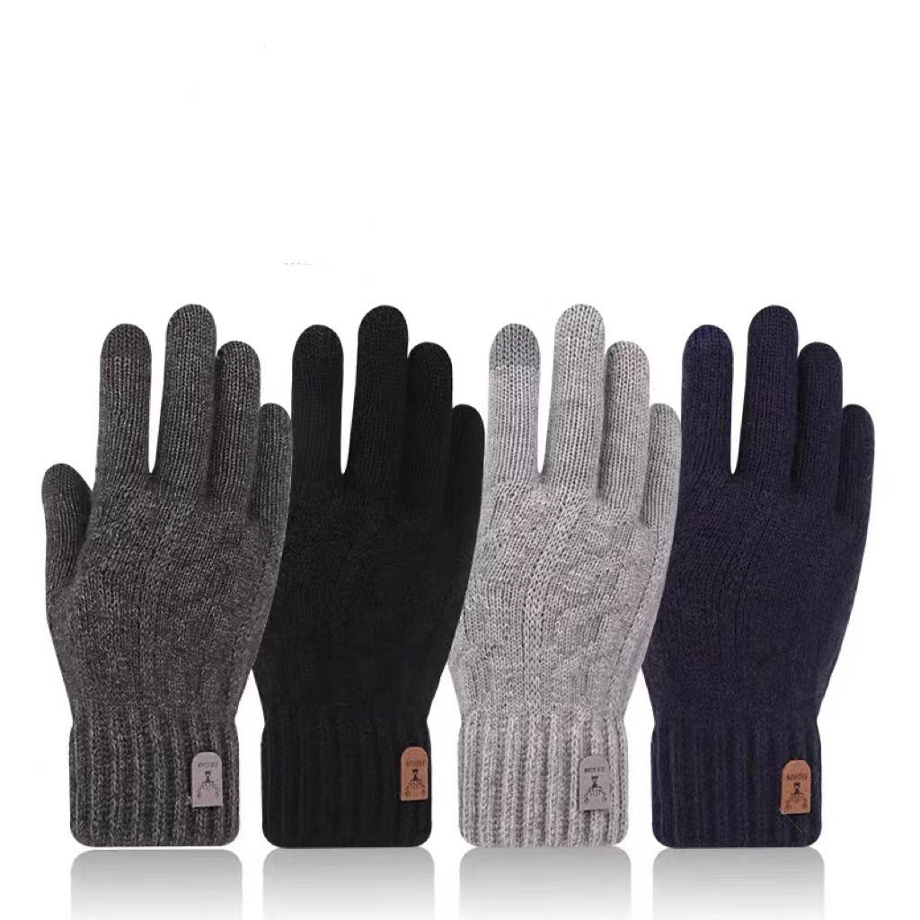 Four pairs of men's woolen winter gloves in gray, black, light gray, and dark blue with touchscreen and non-slip features