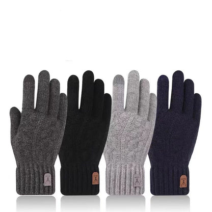 Four pairs of men's woolen winter gloves in gray, black, light gray, and dark blue with touchscreen and non-slip features