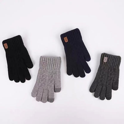 Set of four men's woolen winter gloves in black, navy, light gray, and dark gray with ribbed cuffs and touchscreen tips