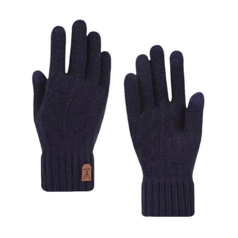 Black men's woolen knit gloves with ribbed cuffs and small leather brand patch