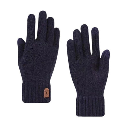 Black men's woolen knit gloves with ribbed cuffs and small leather brand patch