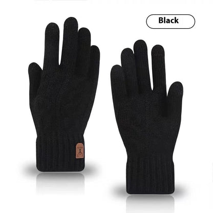 Black men's woolen knit winter gloves with touchscreen and non-slip grip, free size