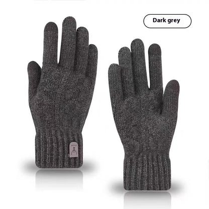 Dark grey woolen knit gloves for men with ribbed cuffs and touchscreen compatible fingertips
