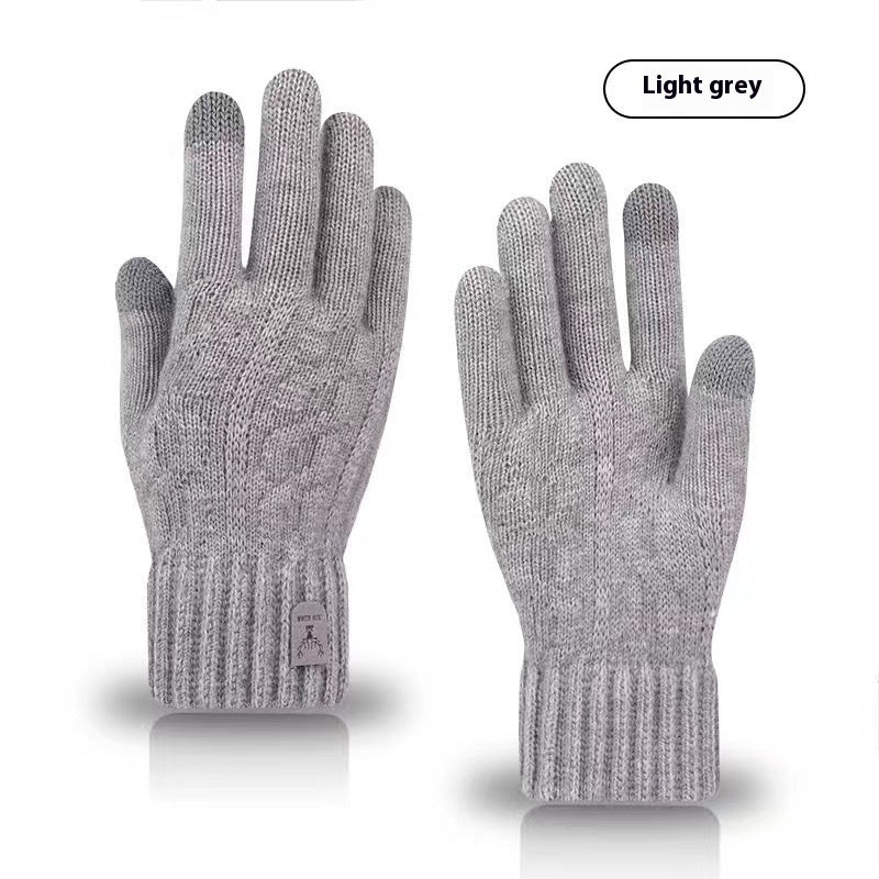 Light grey woolen knit touchscreen gloves with non-slip grip, warm winter gloves for men