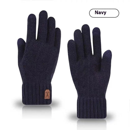 Navy blue woolen knit winter gloves with ribbed cuffs and small brown logo patch