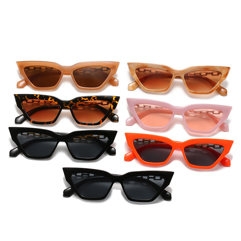 Seven pairs of women's cat eye sunglasses in various colors including black, orange, pink, tortoiseshell, and tan with UV400 protection