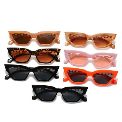 Seven pairs of women's cat eye sunglasses in various colors including black, orange, pink, tortoiseshell, and tan with UV400 protection