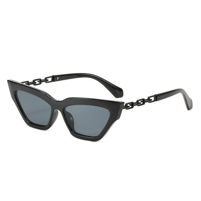 Black and grey women's cat eye sunglasses with linked chain temples and UV400 protection