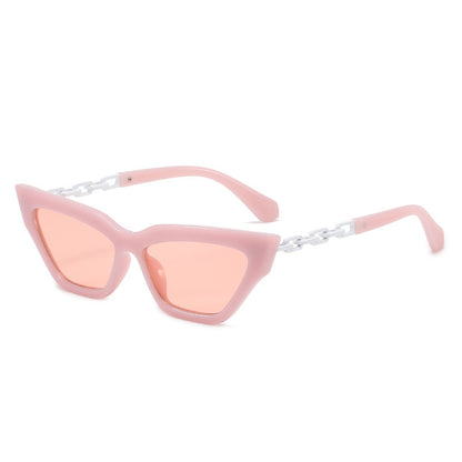 Pink cat eye sunglasses with tinted lenses and white chain detail on arms