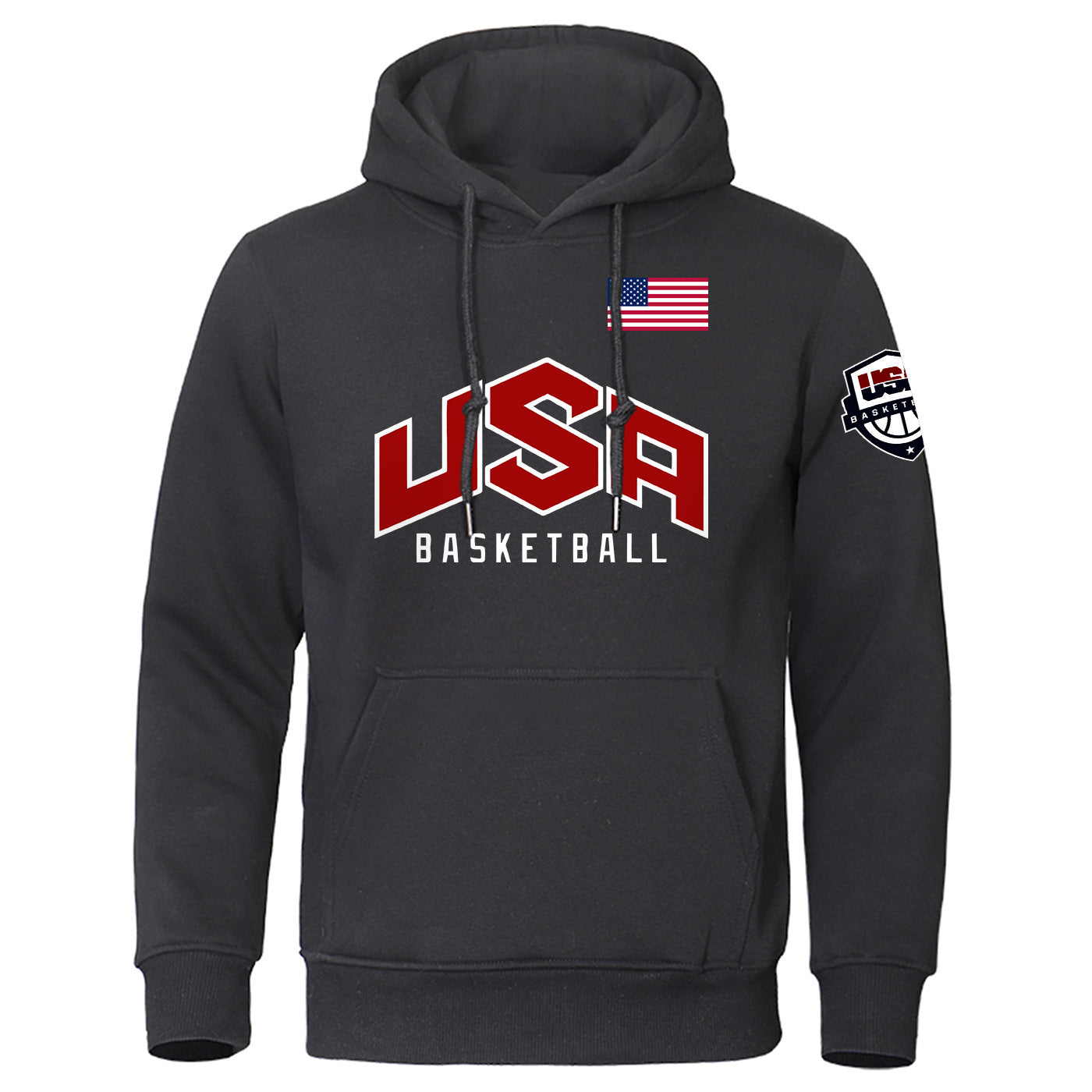 Black USA basketball hoodie with red lettering, American flag, and basketball logo on sleeve
