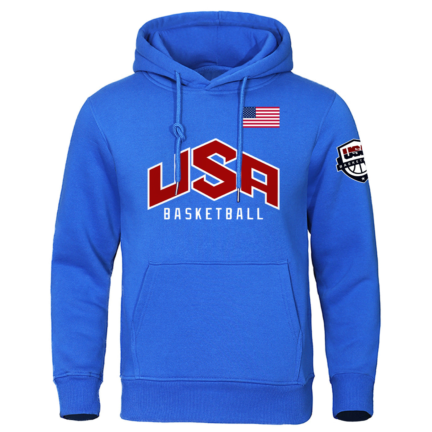 Blue USA Basketball men's hoodie with American flag and sleeve logo, lightweight polyester pullover