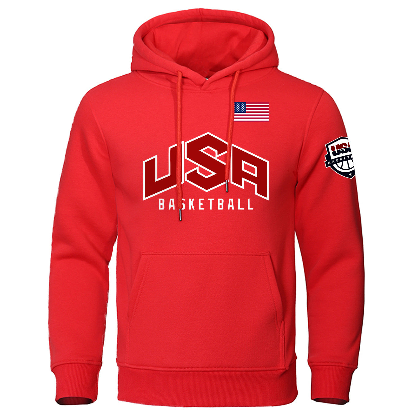Red USA basketball hoodie with American flag and basketball logo on sleeve