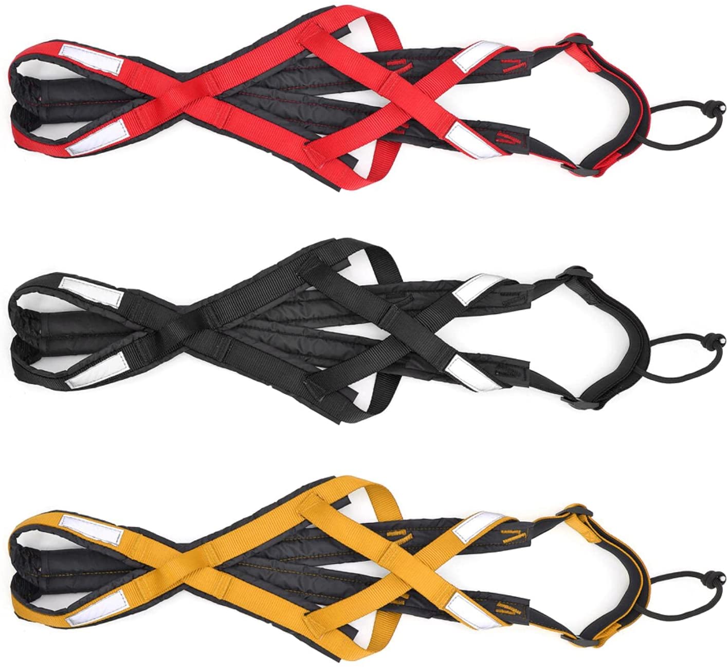 Three active dog harnesses in red, black, and yellow with padded straps and reflective patches