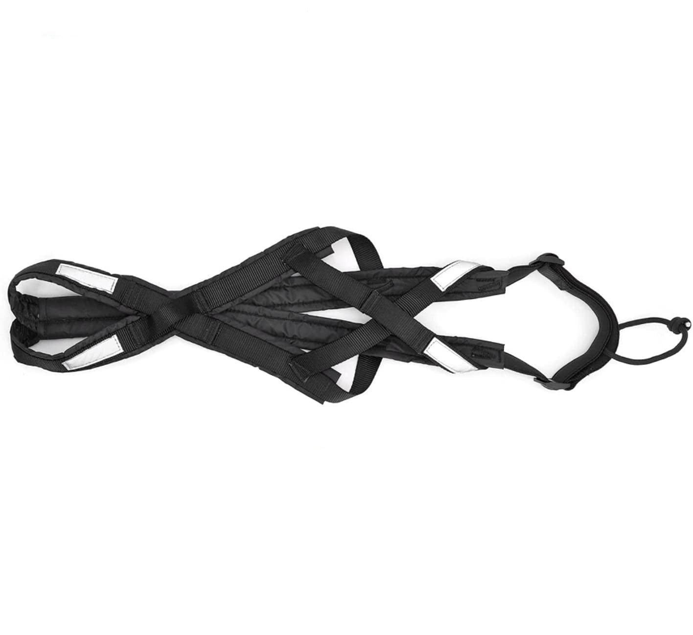 Black padded dog running harness with reflective strips and adjustable straps on white background