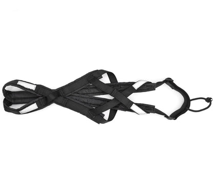 Black padded dog running harness with reflective strips and adjustable straps on white background