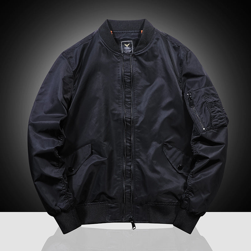 Black mens bomber jacket with stand collar, zip front, side flap pockets, and zip pocket on sleeve
