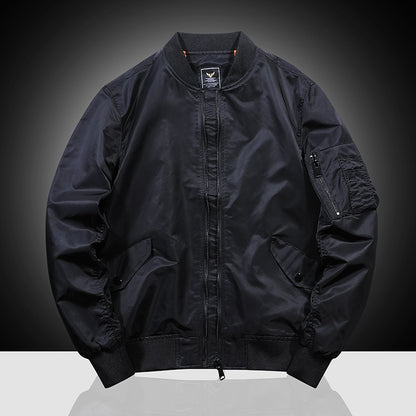 Black mens bomber jacket with stand collar, zip front, side flap pockets, and zip pocket on sleeve