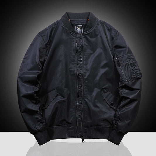 Black mens bomber jacket with stand collar, zip front, side flap pockets, and zip pocket on sleeve
