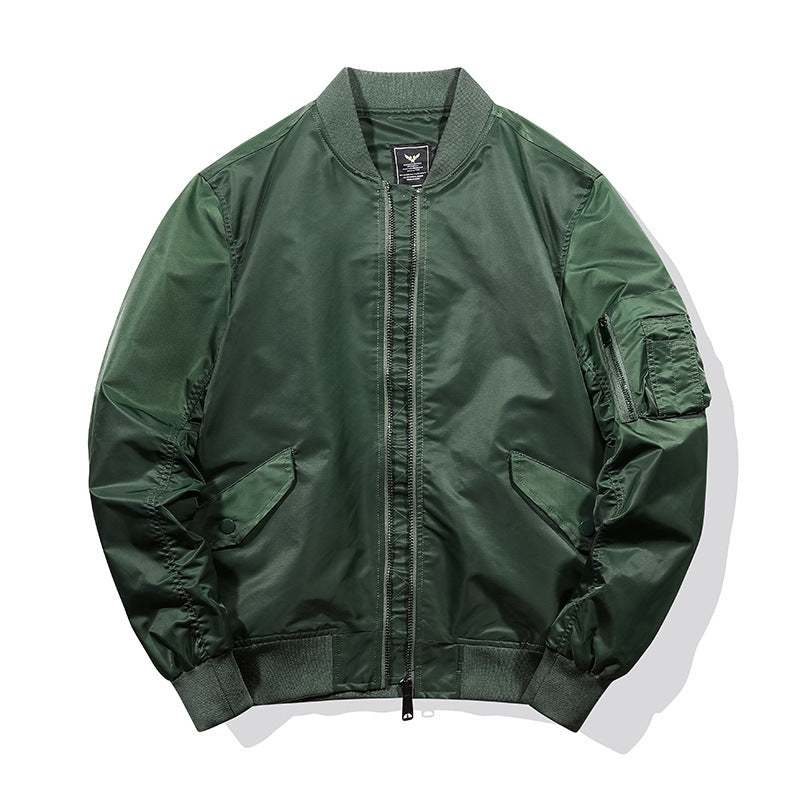 Dark green men's bomber jacket with stand collar, zip front, and sleeve pocket