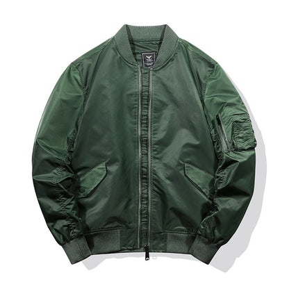 Dark green men's bomber jacket with stand collar, zip front, and sleeve pocket