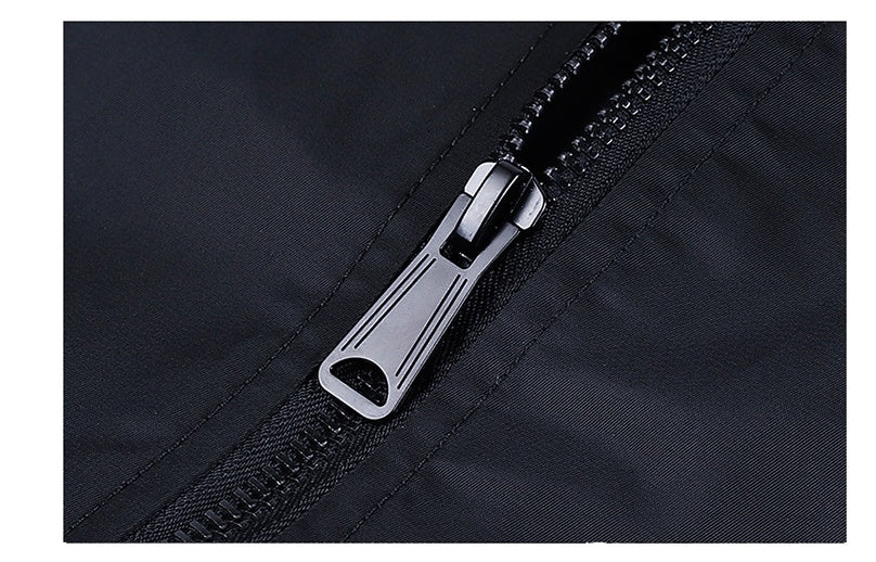 close-up of black zipper on men’s aviator bomber jacket with stand collar