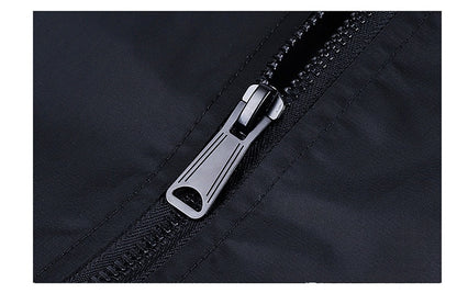close-up of black zipper on men’s aviator bomber jacket with stand collar