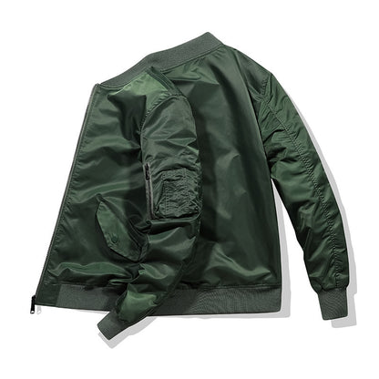 dark green men's bomber jacket with stand collar, zippered sleeve pocket, and ribbed cuffs