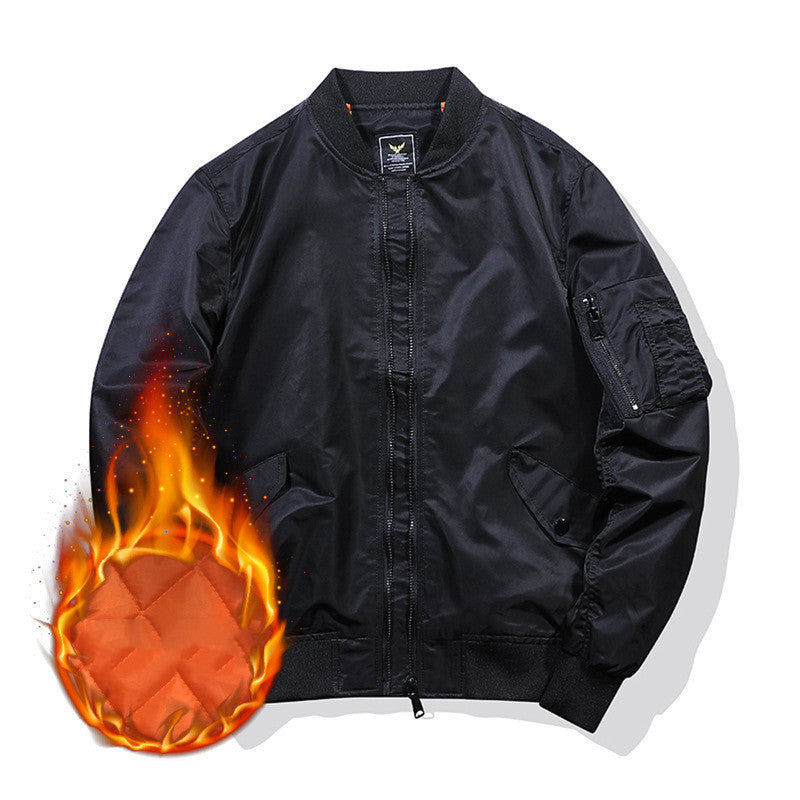 Black men's embroidered bomber aviator jacket with stand collar and zippered pocket, insulated lining shown with flame icon