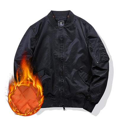Black men's embroidered bomber aviator jacket with stand collar and zippered pocket, insulated lining shown with flame icon