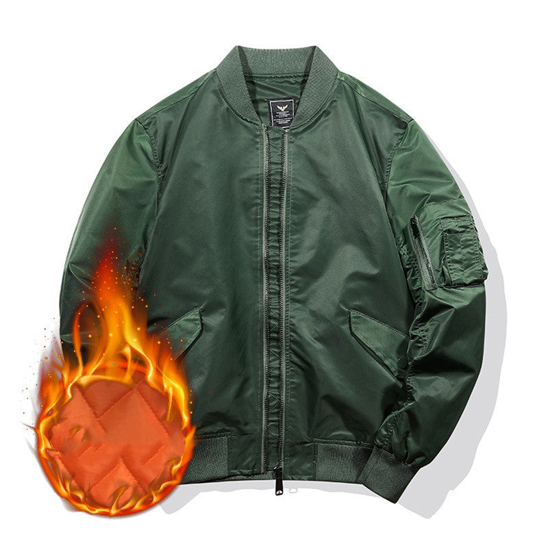 Dark green men's bomber aviator jacket with stand collar and sleeve pocket on white background