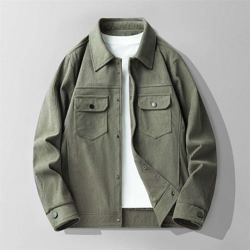 Men's olive green corduroy jacket with flap pockets and snap buttons over white shirt