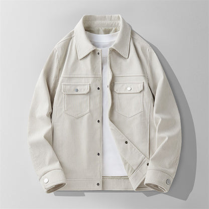 Beige corduroy men's jacket with snap buttons and chest flap pockets on white background