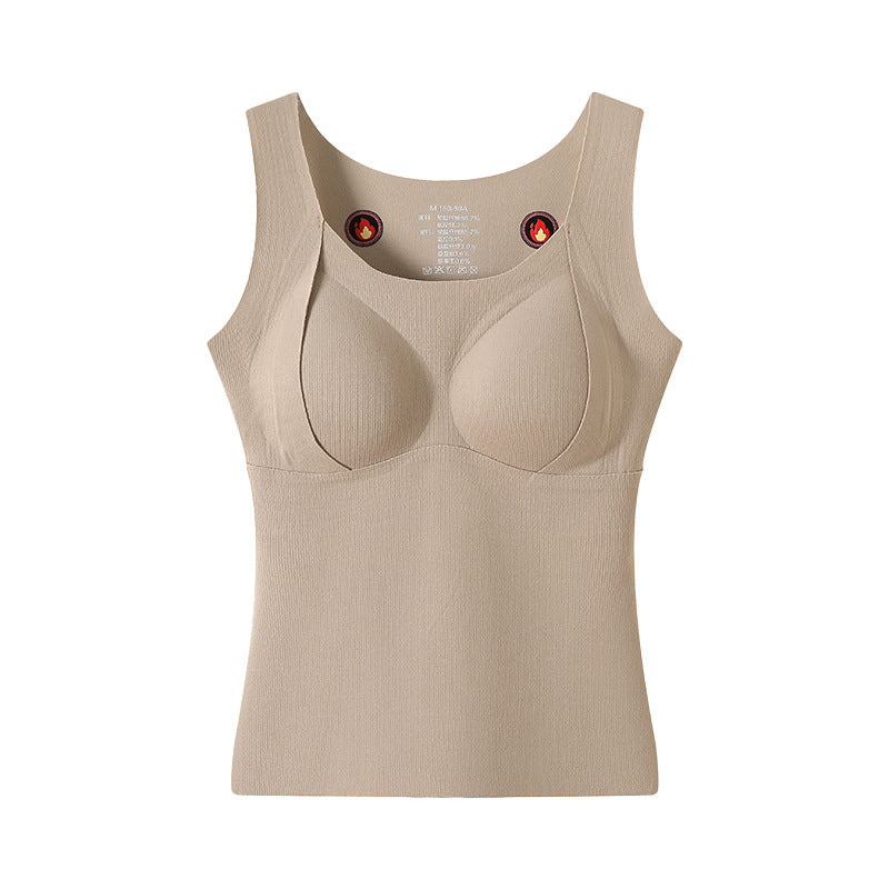 Beige seamless ribbed tank top with built-in padded bra, sleeveless design