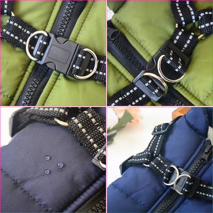 Close-up views of waterproof insulated pet jackets in green and navy with black reflective buckle harness and metal D-rings