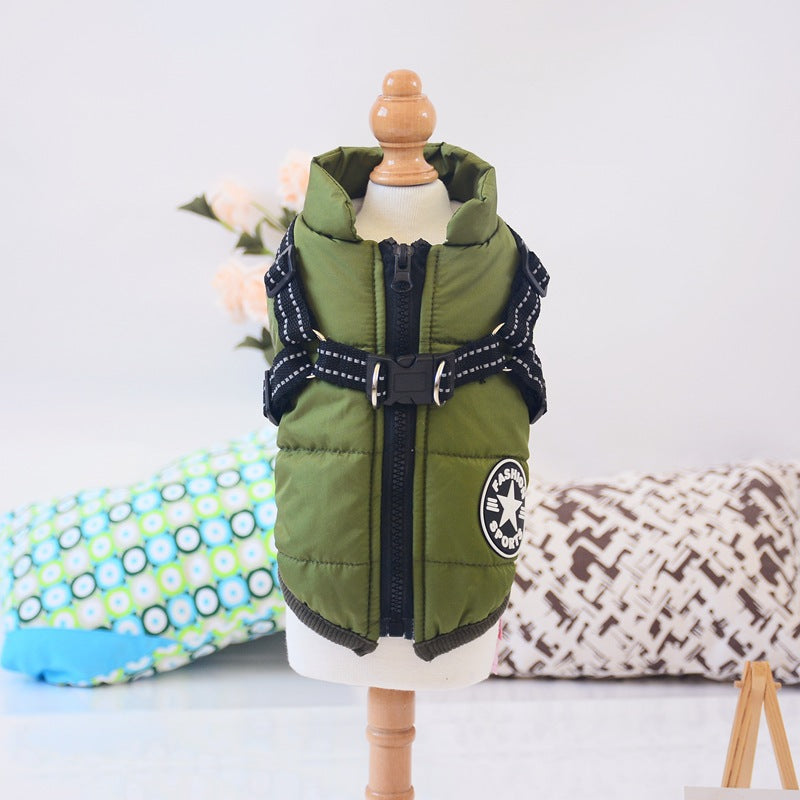 Green insulated waterproof dog coat with built-in black harness on mannequin