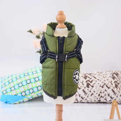 Green insulated waterproof dog coat with built-in black harness on mannequin